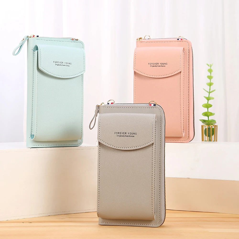 Women Purses Solid Color Leather Shoulder Strap Bag Mobile Phone Big Card Holders Wallet Handbag Pockets for Girls