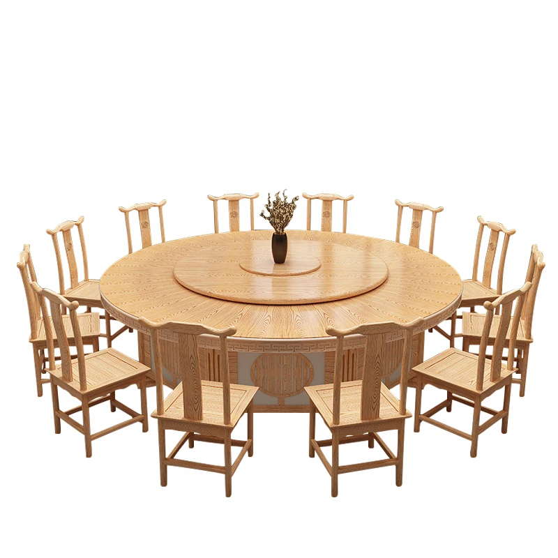 

New Chinese hotel log color electric round table, automatic turntable hotel solid wood tables and chairs