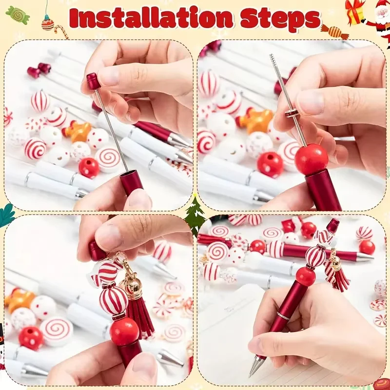 6Pieces/9Pieces Christmas Santa Claus Elk Snowman Gift Box Theme DIY Beaded Ballpoint Pen & Wood Bead Set Office & Study Supply