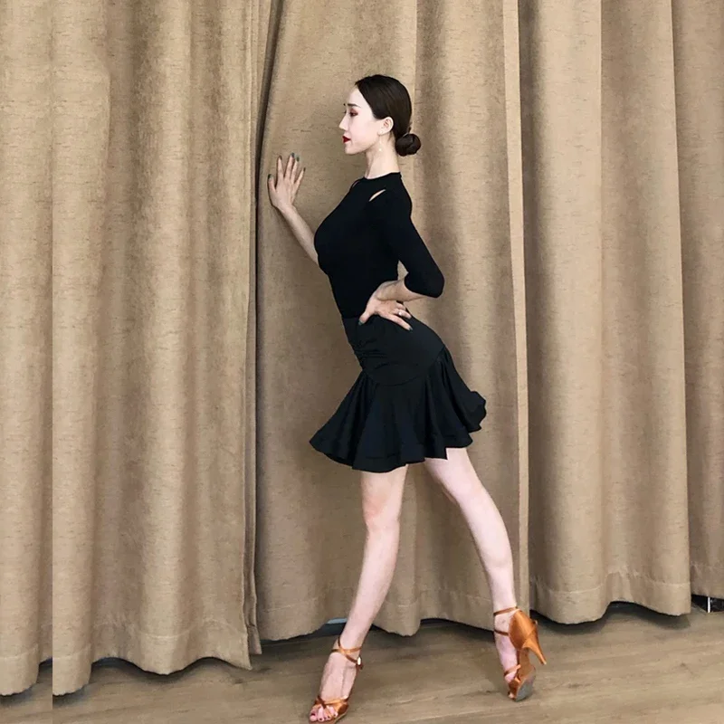 2024 New Latin Dance Skirt Women Sexy Slit Black Salsa Skirt Adult Cha Cha Rumba Dance Clothes Practice Training Wear DNV21484