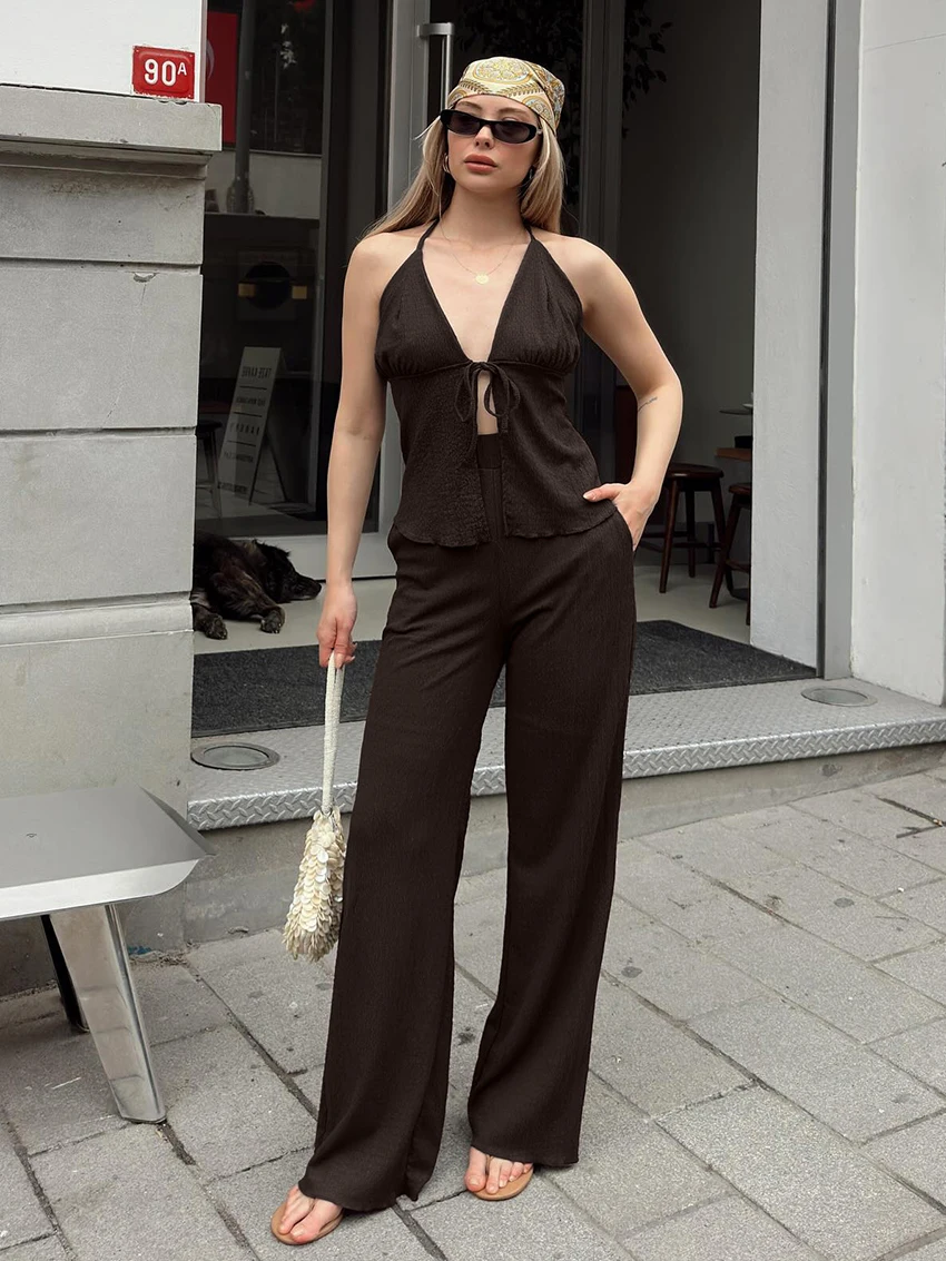 Marthaqiqi Casual Female Sleepwear Set Sexy V-Neck Pajamas Lace Up Nightie Crop Top Nightgown Pants Women Nightwear 2 Piece Suit