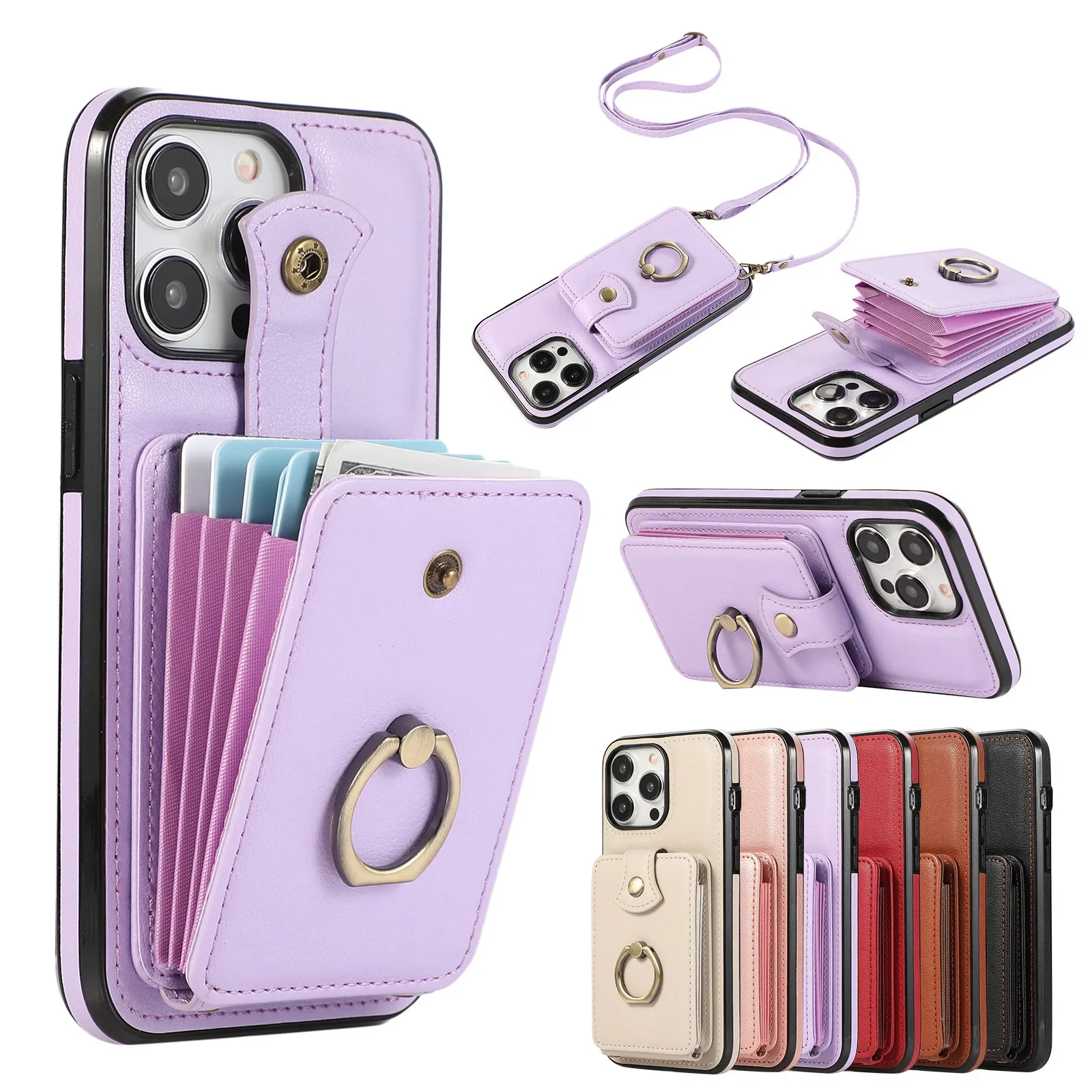 

Necklace Leather Card Bag Case For Samsung Galaxy Z Flip 6 5 4 3 Flip6 Flip5 Flip4 Flip3 Luxury Finger Ring Phone Cover Funda