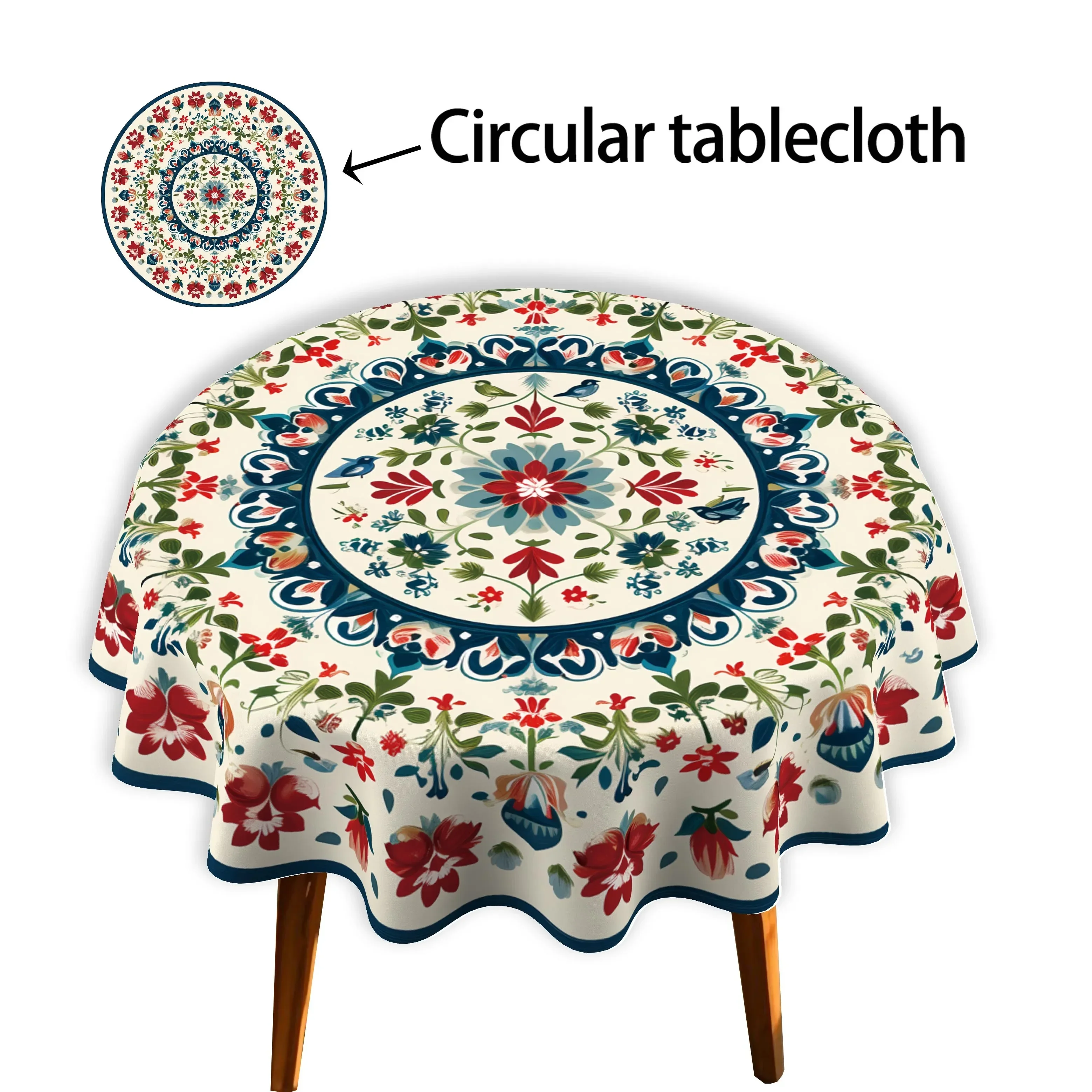 One ethnic-style floral round tablecloth - 2D flat printing, bright red, green and blue vibrant tulip pattern.yzb