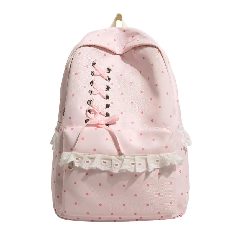 Trendy Dot Pattern Bag Large Capacity Multi Pockets Bowknot Daypack Cute Lightweight Backpacks Travel Carrying Package