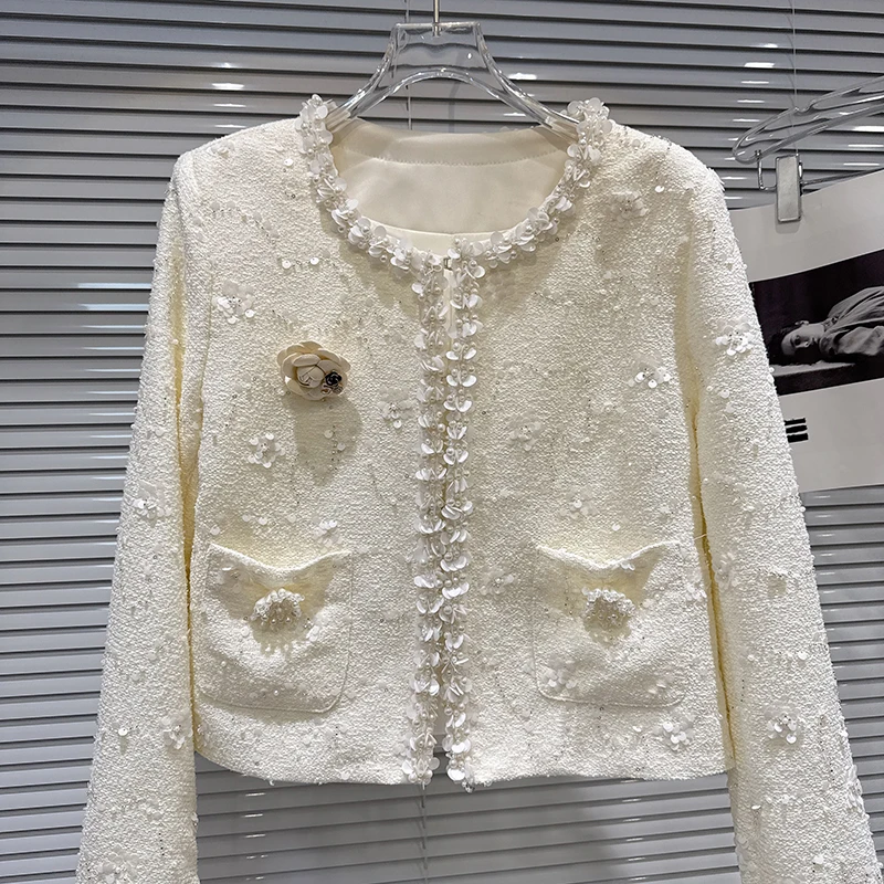 Small Fragrant Style Bead Nail Bead Edge Flower Pin Coarse Floral Short Style Coat Spring New Temperament Round Neck Top