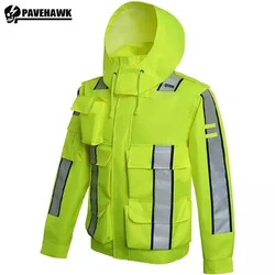 Outdoors Work Hooded Raincoat Jacket Mens Hi Vis Safety Reflective Stripe Waterproof Coat Multi Pockets Windbreaker High-quality