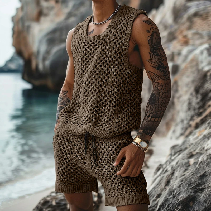 Vintage Hollow Out Knitted Outfits Men Summer Sleeveless O Neck Knit Tank Top And Shorts Mens Two Piece Sets Fashion Men\'s Suits