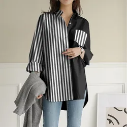 Fashion Patchwork Shirt Blouse Tops Office Lady Spring Lapel Blusa Casual Long Sleeves Shirts Womens Linen Blouse Oversized 2023