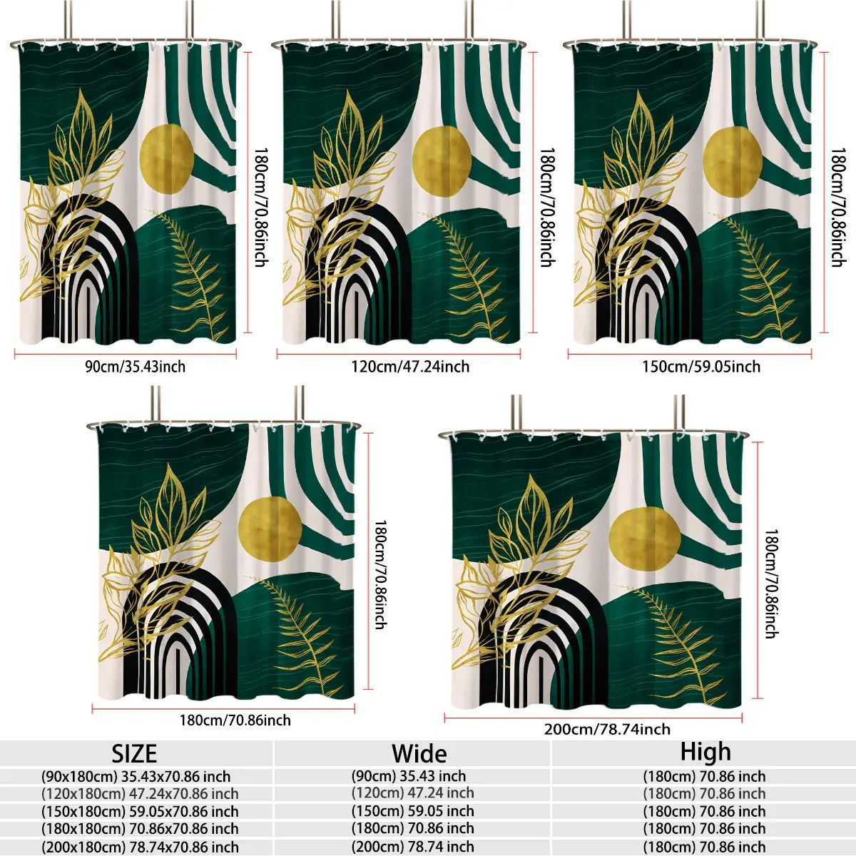 Modern Bohemian Abstract Art Golden Line Leaves Sun & Rainbow Curved Graphic Dark Green White Background Bath curtain