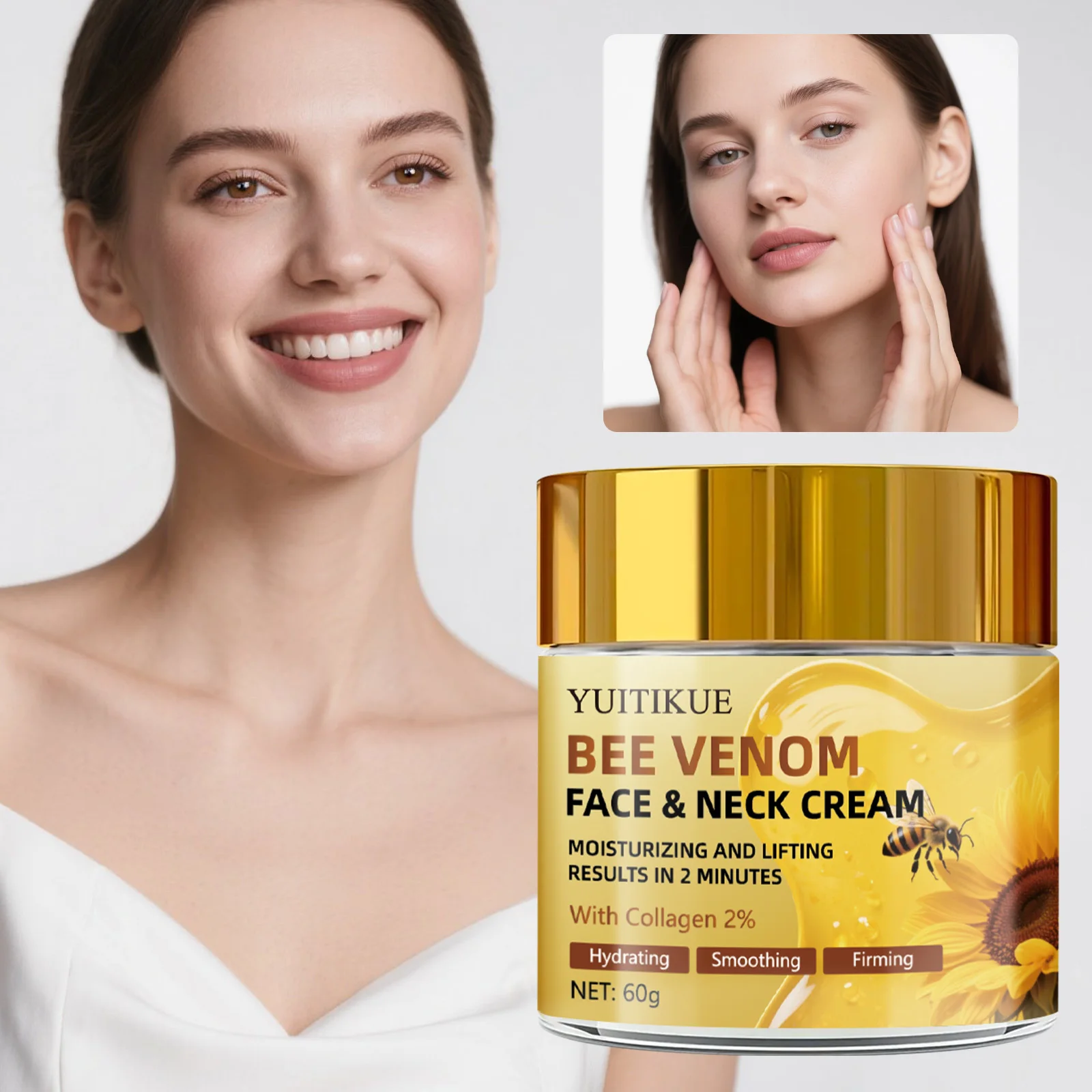 Crema reafirmante de 2 minutos de YUITIKUE - Con veneno de abeja y 2% de colágeno, hidrata y suaviza la cara y el cuello, 60 g