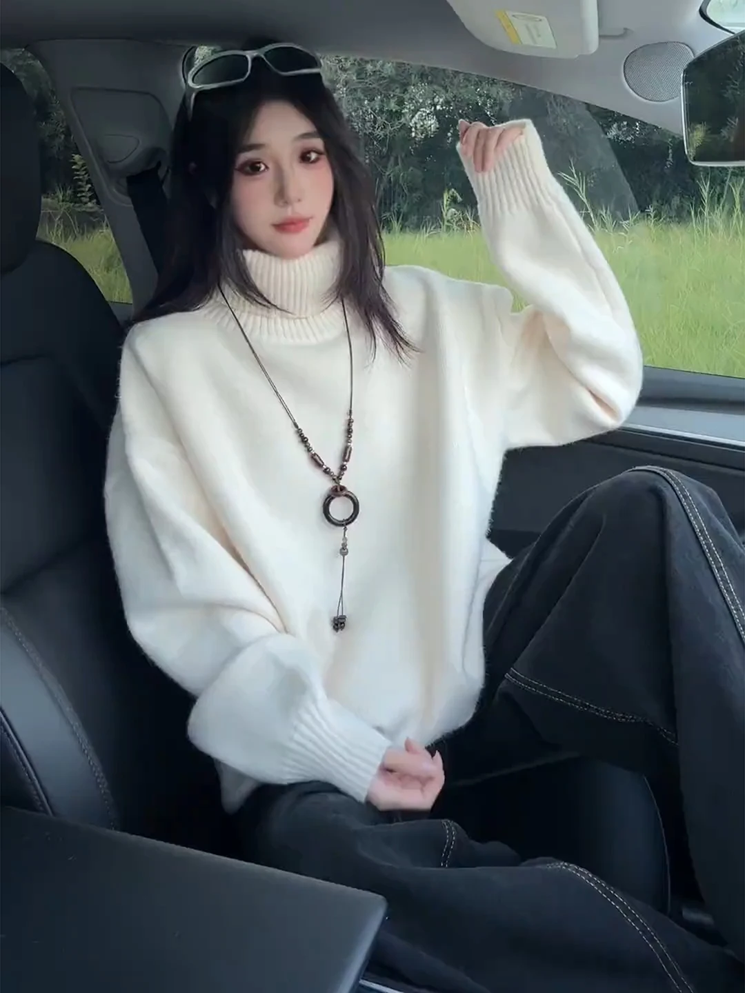 

Белый мужской свитер с высоким воротником, свободного кроя, из плотной ткани, для зимы, повседневный, длинный, вязаный, в стиле Cleanfit Base Layer...