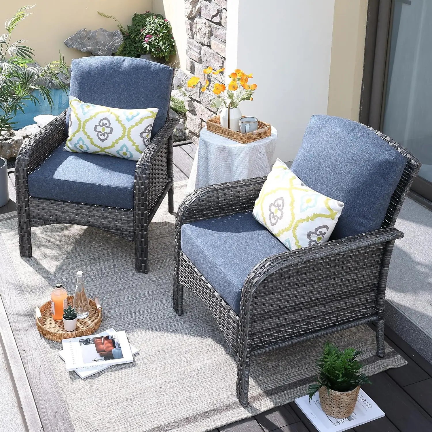 2-piece set of terrace furniture, outdoor 2 rattan chairs, all-weather high back rattan chairs, porch deck 2 seats, denim blue