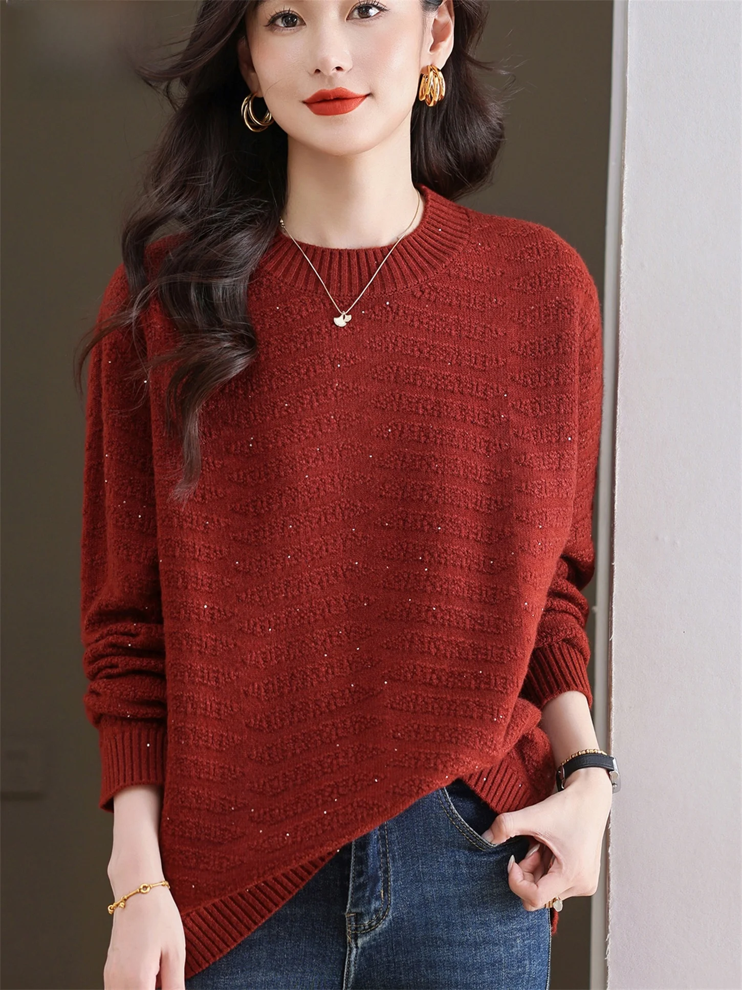 

Thiened Knitted Woolen Base irt Faionable Warmth Middle-Aged And ly Women's Pure Color Mommy Sle Autumn Winter N...
