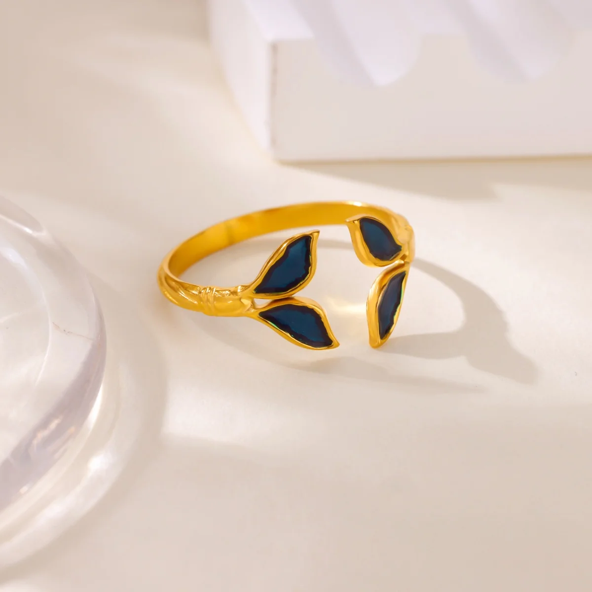 Women's 18K Gold-Plated Green Leaf Wave Open Ring