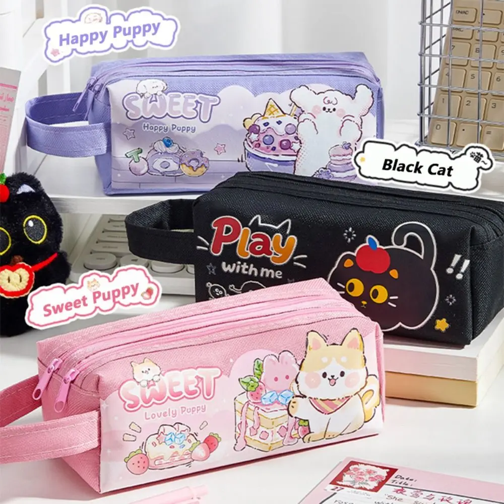 INS Puppy/Kitten Pattern Pen Bag Large Capacity Portable Stationery Bag Double Layers Pencil Case Students