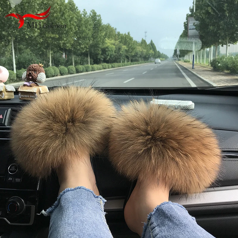 Women Raccoon Fur Slides Slippers Open Toe Slip On Flat Indoor Plush Slippers Home Bedroom Fuzzy Casual Outdoor Comfy Sandle