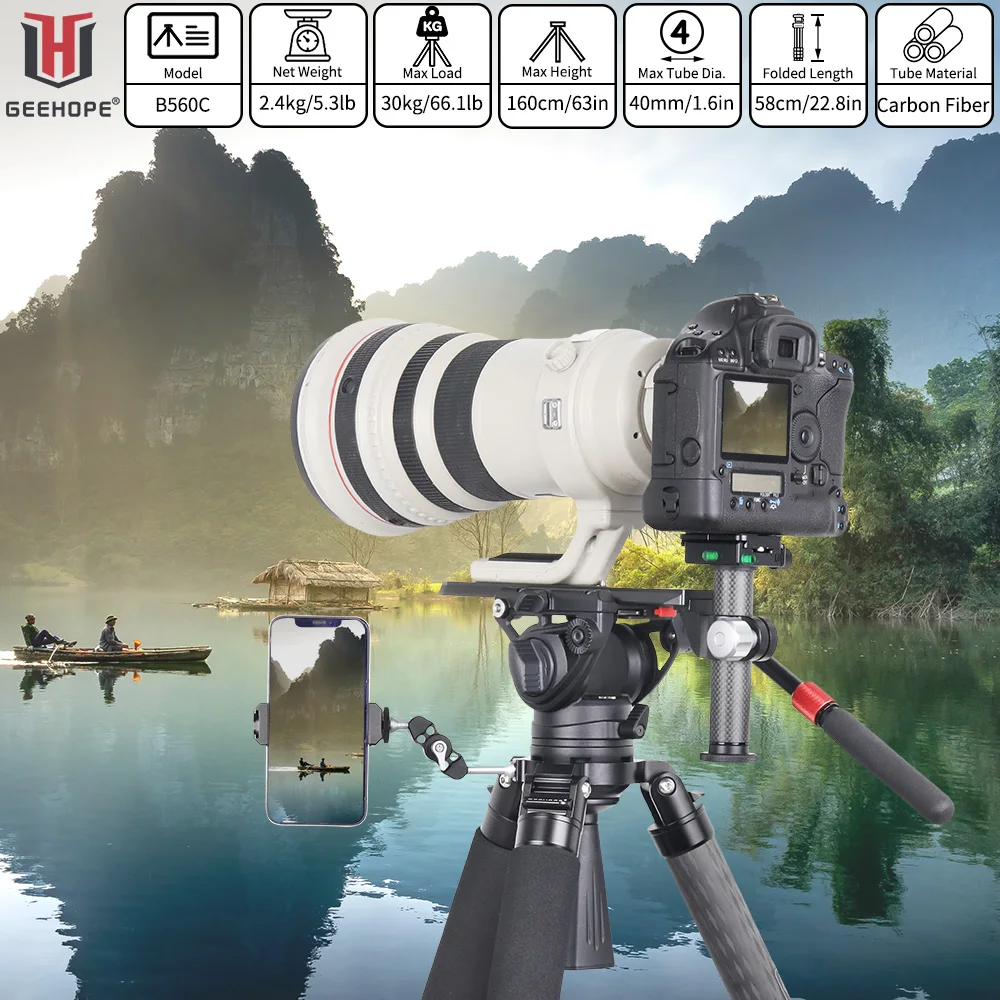 GEEHOPE B560C Professional Heavy Carbon Fiber Camera Tripod Super Stable Top Bird Watching Bracket 40mm Tube 30kg Max Load