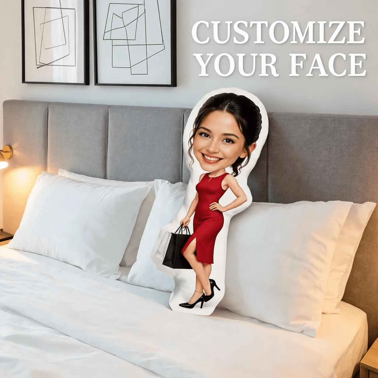 Custom Photo Shaped Pillow, Personalized Face Red Dress Lady Decorative Cushion, Unique Home Decor Accent for Sofa & Bedroom, Fu