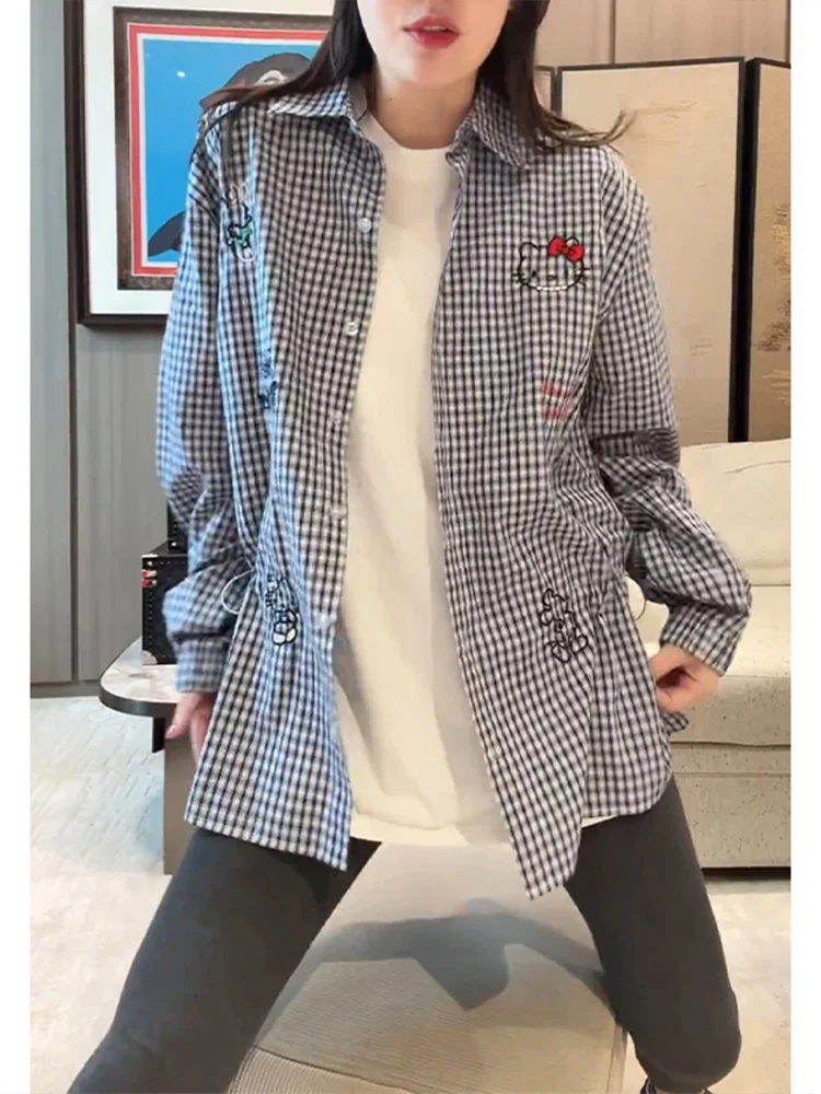

Модная женская рубашка свободного кроя с мультяшной вышивкой, весенне-летний дизайн в клетку, простой и стильный топ в девичьем стиле, корейский стиль