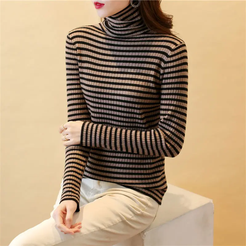 

Women Clothes Fashion Knitting Turtleneck Long Sleeve Pullovers Autumn Fashionable Casual Versatile Striped Sweater D35