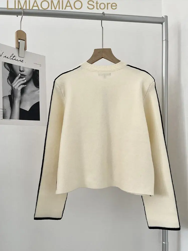 New Elegant Knit Cardigan Women O-neck Long Sleeve Loose Female Sweater Chic Metal Single Breasted Gentle Beige Lady Pullover