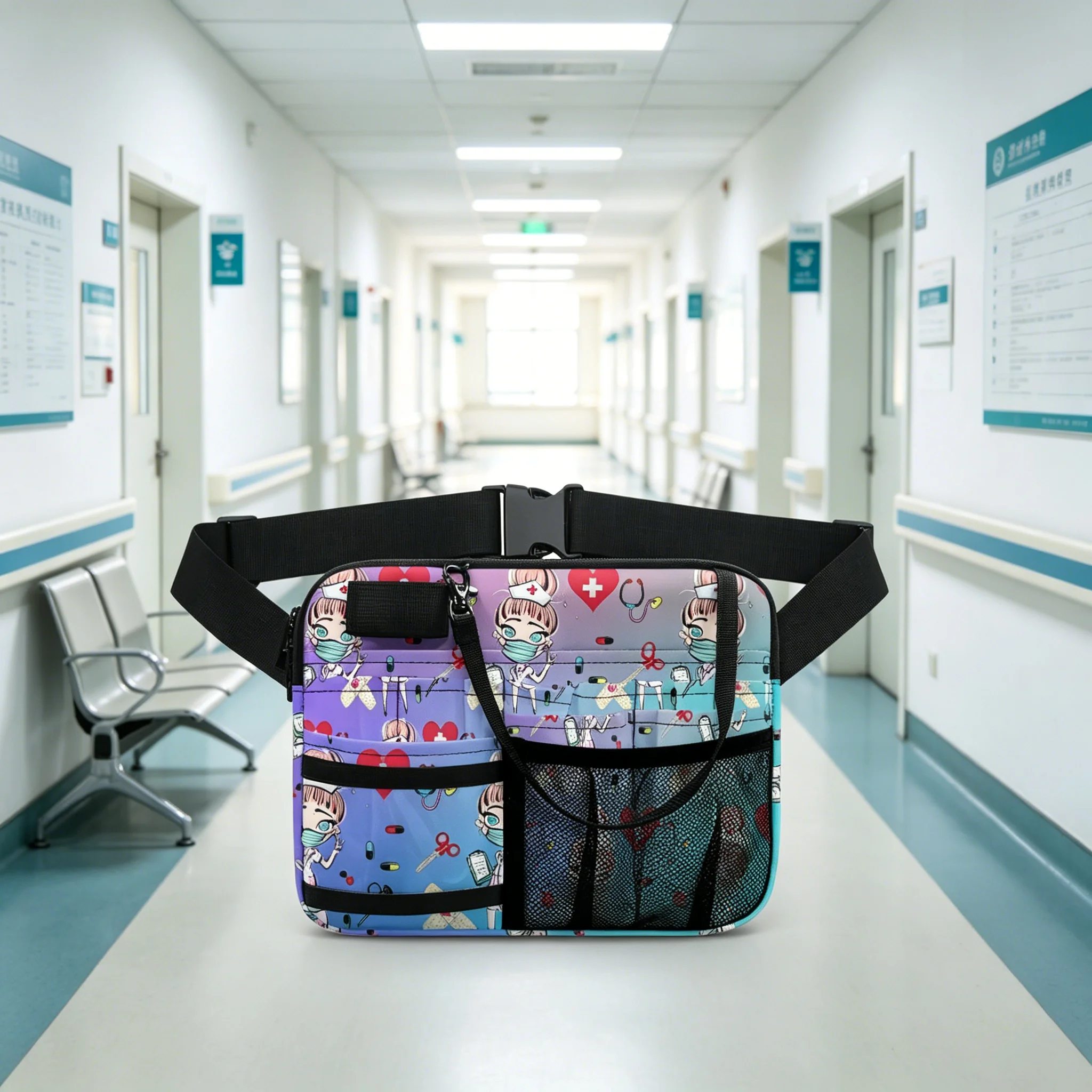 

Cartoon Nurse Fanny Pack - Medical Utility Waist Bag with Multi-Pockets for Stethoscope, Scissors, Bandages, Adjustable Strap