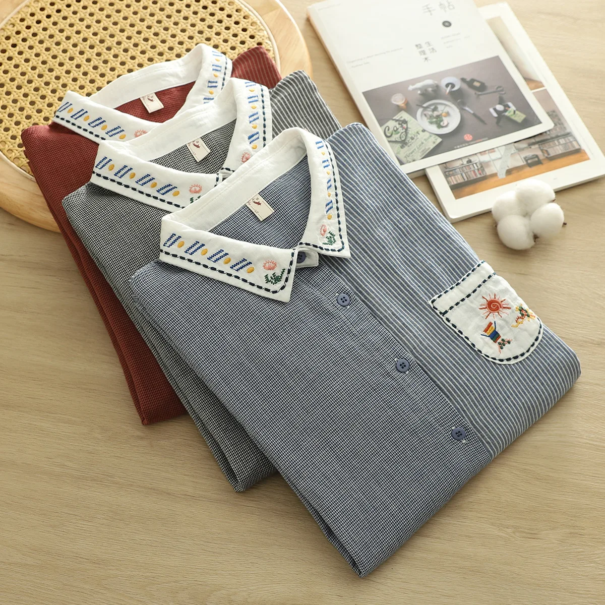 

2025 Mori kei clothing women's plaid shirts Korean vintage cotton plaid patchwork cartoon embroider patch blouse check shirt