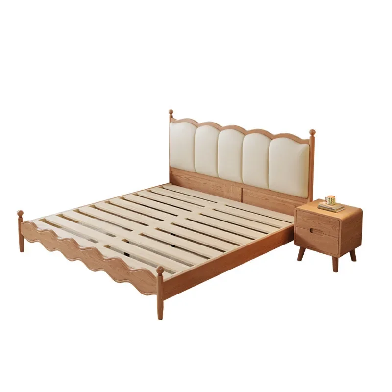 

Nordic ash wood solid wood bed, French retro modern minimalist cream wind soft bag double bed