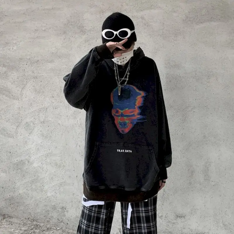 Oversized Hoodies Women Men Street Washed Abstract Skull Printed Hoodie Ins Trendy Loose Hooded Sweatshirt Autumn Winter Tops