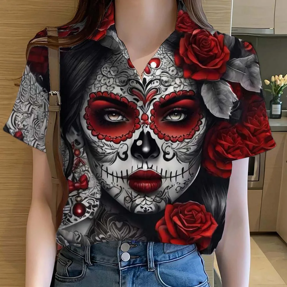 Sugar Skull Mexican Day of the Dead Womens Shirts 3D Printed Tops Short Sleeve Shirt Summer New y2k Gothic style Women's Clothes
