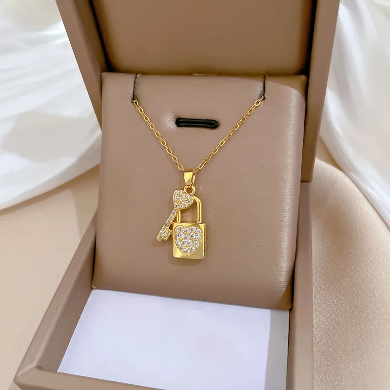 Original Design Luxury Zircon Full Lock and Key Pendant Necklace for Women Charm Gold Color Stainless Steel Chokers Jewelry Gift