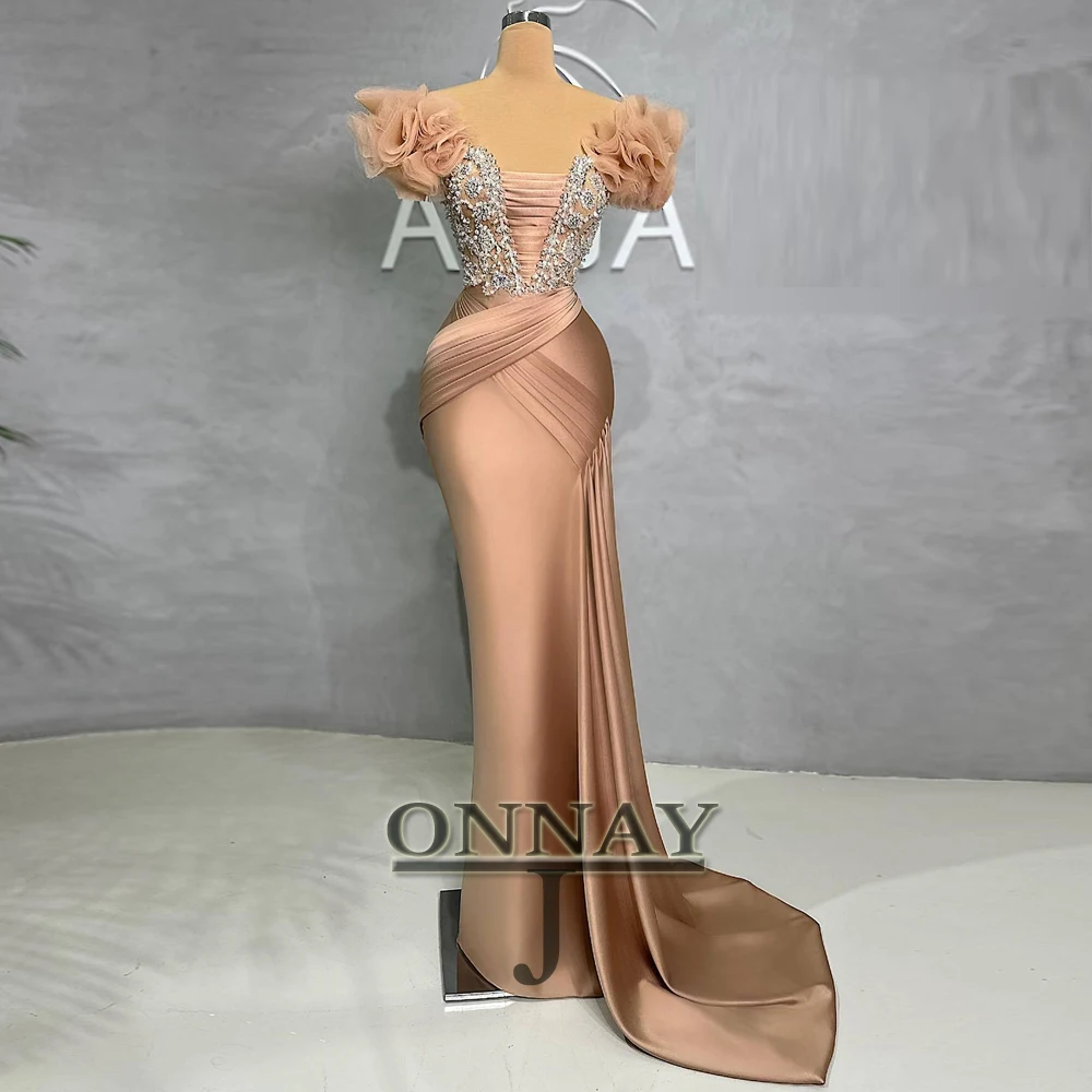 

Customized Vintage Mermaid Evening Dresses with Ruffles Sleeves Crystals Saudi Arabric Prom Gown Robes De Soiree Bespoke Plus