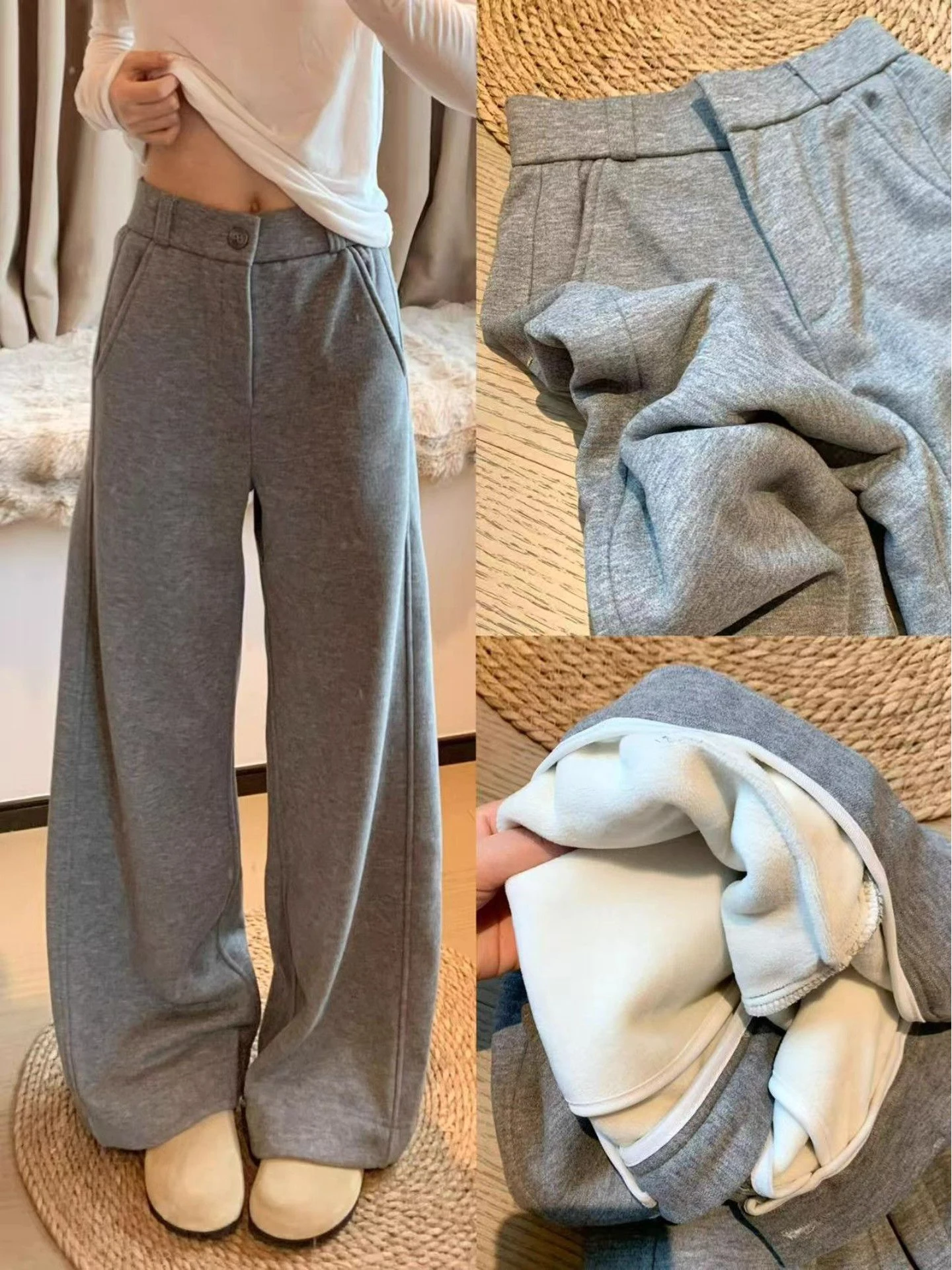 

Gray Fleece Lined Skinny Casual Pants Women's Autumn Winter Loose Lazy Straight Tube Pants High Waist Commute Style Korean Ve...