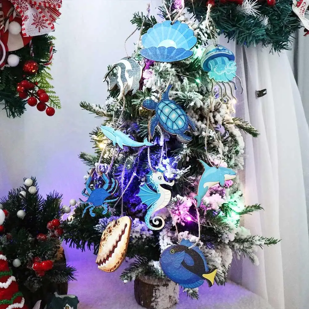 

24pcs Wooden Ocean Animal Hanging Ornament Starfish Seashell Turtle Seahorse Ocean Themed Pendant Ocean Theme DIY Sea Life Decor