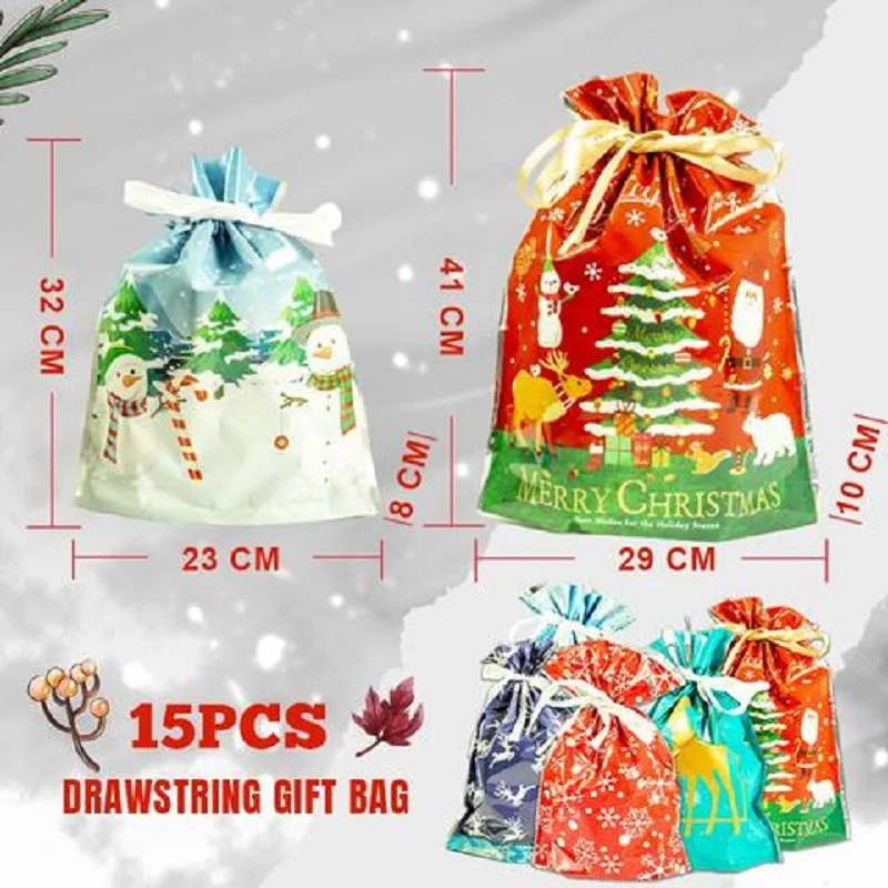 15 Pcs Navidad Gift Wrapping Drawstring Merry Christmas Santa Claus Gift Bag Large Size Cookies Candy Mistery Box Packaging Bag