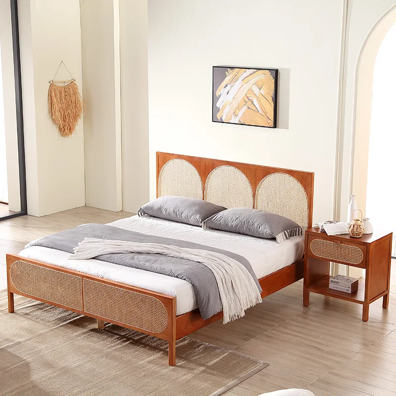 Nordic solid wood rattan double bed, modern minimalist, 1.8m master bed in a guesthouse, Japanese-style small apartment white wa