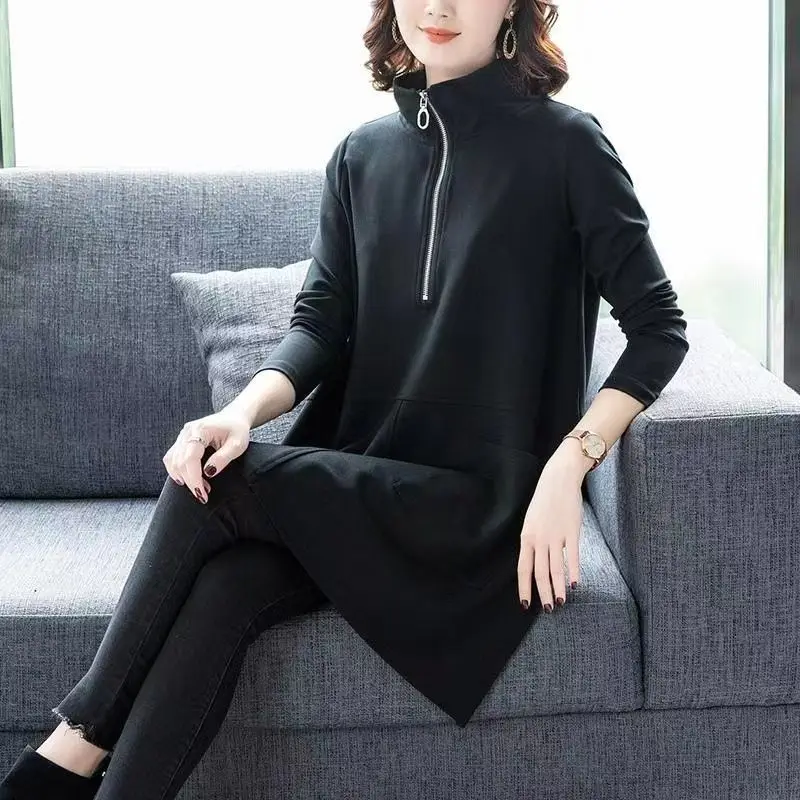 2022 New Zipper Half Open O Neck Solid T Shirt Women Autumn Winter Long Sleeve Hoodie Shirt Loose Korean Style Pocket Tunic Tops