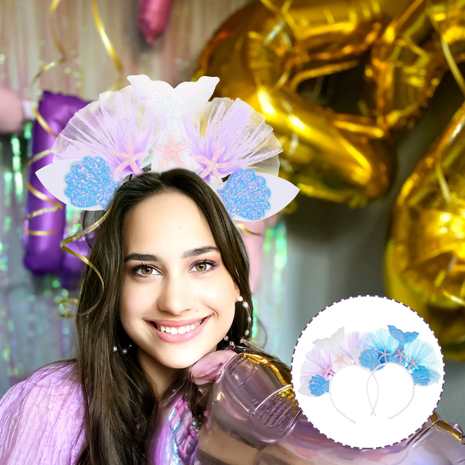 2Pcs Halloween Colorful Pearl Mermaid Hairband Tail Shell Hair Accessories Mermaid Hair Accessories Shell Hairband