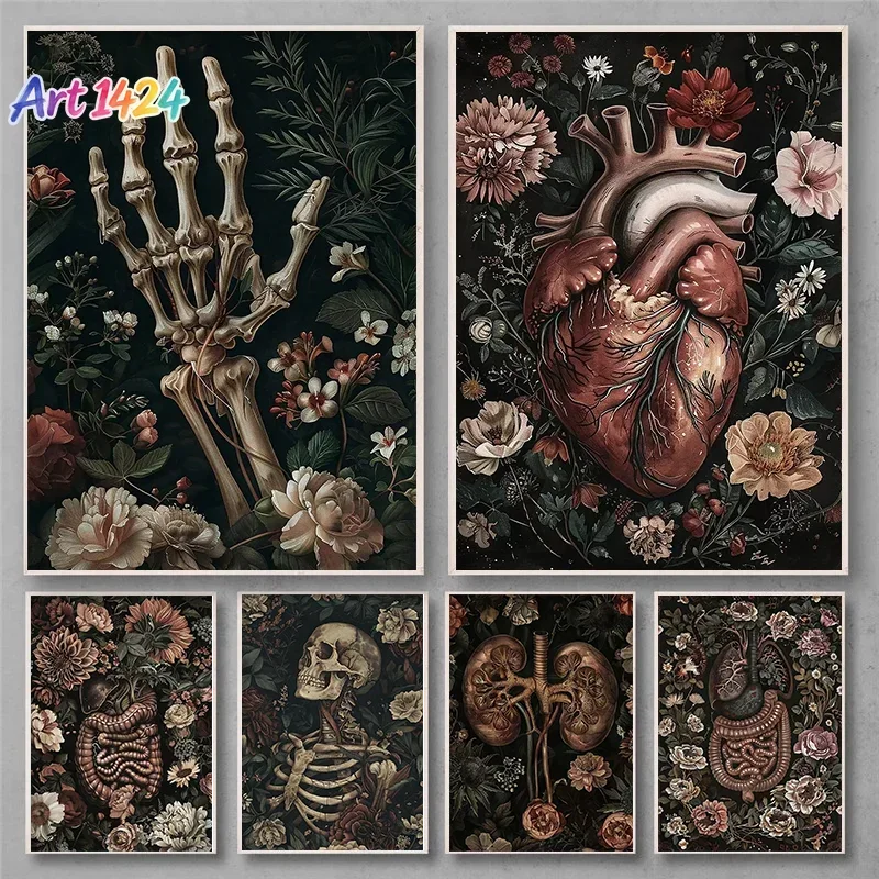Floral Skeleton Portrait Anatomical Dark Academia Halloween Printable Spooky Decor Vintage Poster Gothic Painting Flower Skull
