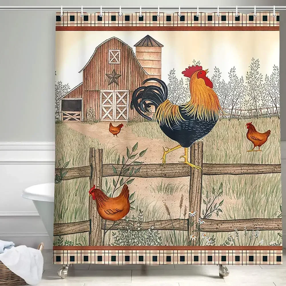 Farmhouse Rooster Shower Curtain,Chicken Animal Rooster on Vintage Shabby Wooden,Western Texas Star Barn Garage Bathroom Curtain