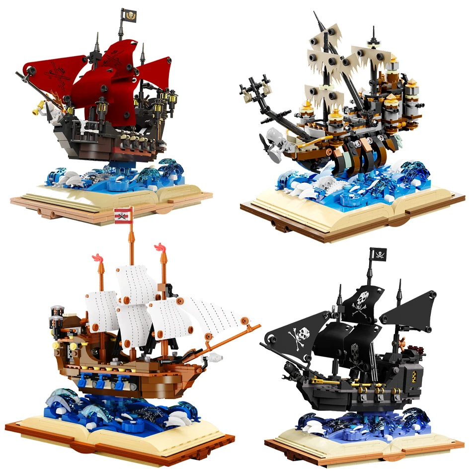 Magic Book Pirates Black Pearl Ship Queen Anne Battleship Building Block Mechanical Swinging Sailboat Bricks Toys for Kids Gifts