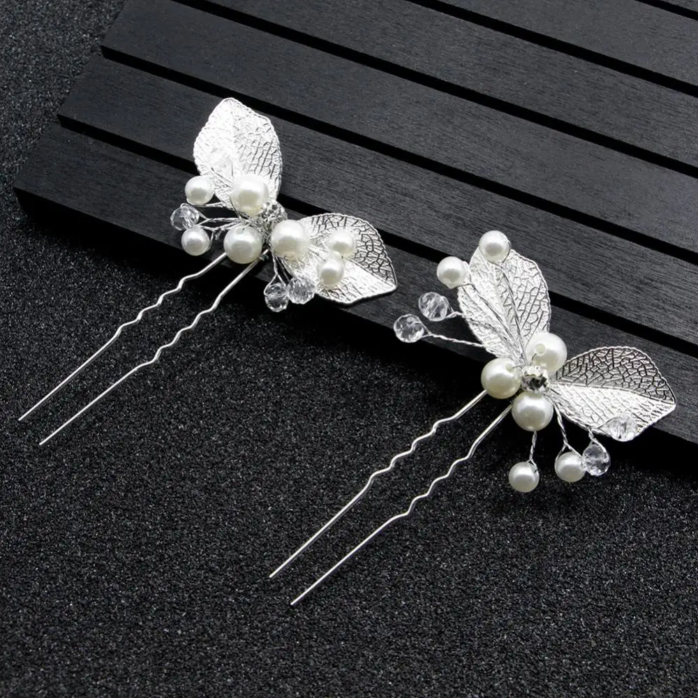 Bridal Wedding U Shape Leaf Rhinestone Faux Pearl Hair Stick Hairpins Gifts