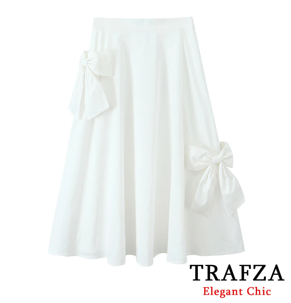 

TRAFZA Elegant Simple Bow Embellished Skirt Women's A-Line Solid White Skirt New 2024 Autumn Fashion Minimalist Romantic Skirt