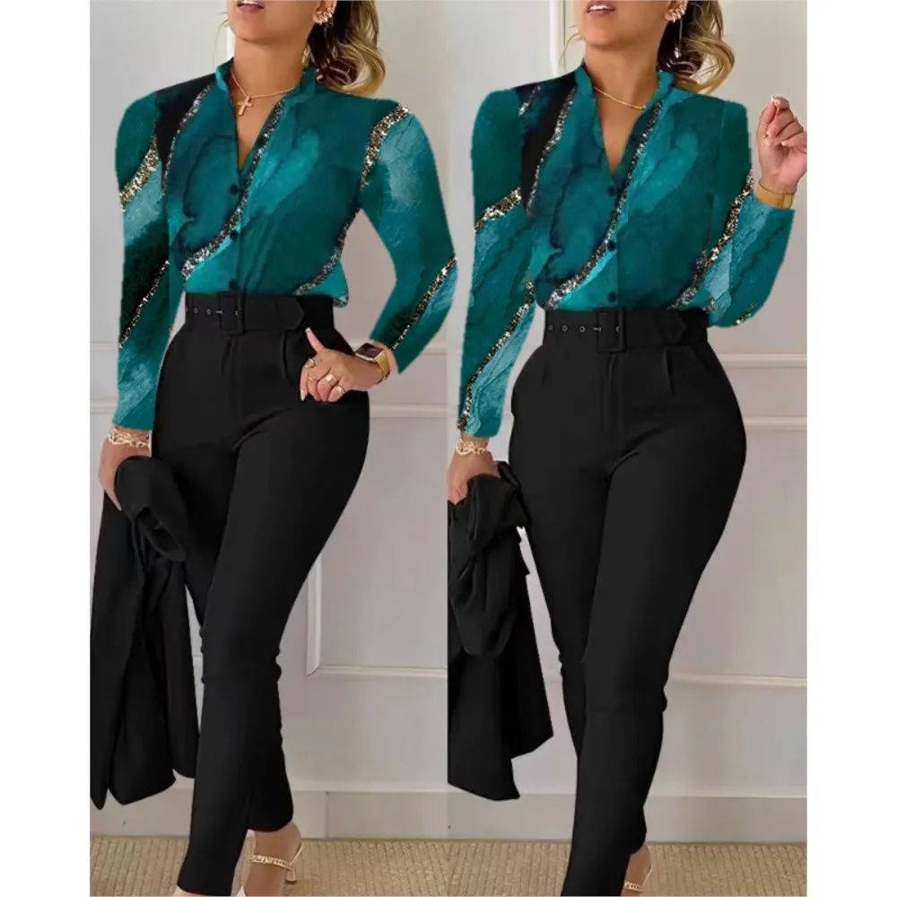 Fashion Printed Long Sleeved Shirt Women Suit Spring Autumn Slim Fit Shirtlace Up Pencil Pants Elegant Female Office 2 Piece Set