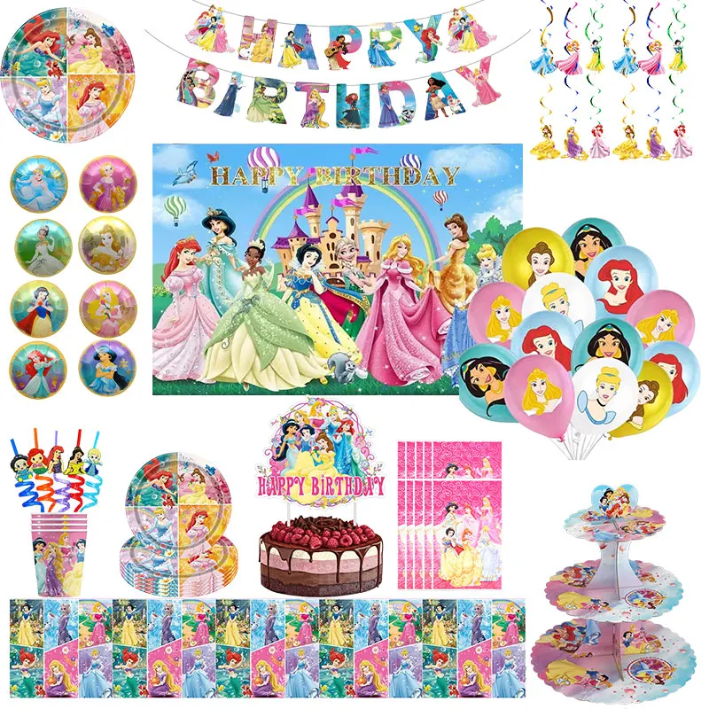 New Disney Princess Birthday Party Decoration Tableware Cup Plate Balloon Princess Birthday Backdrop Style Event Party Supplies