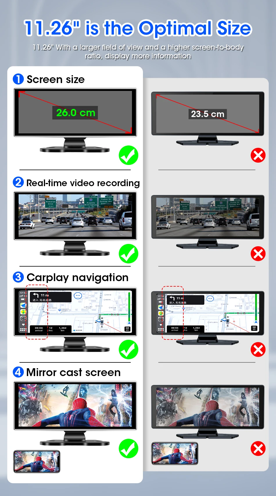 JMCQ 11,26 ''4K беспроводной Автомобильный видеорегистратор CarPlay QLED, передний и задний видеорегистратор, GPS-навигация, парковочный монитор, замедленная съемка