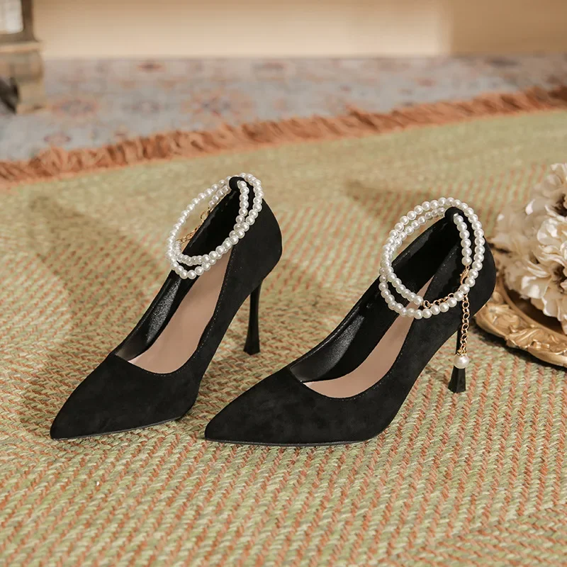 Small Size 30-44 Stiletto Heel Pointed Toe Suede Pearls High Heels Women Shoes Black Elegant Large Size Pumps