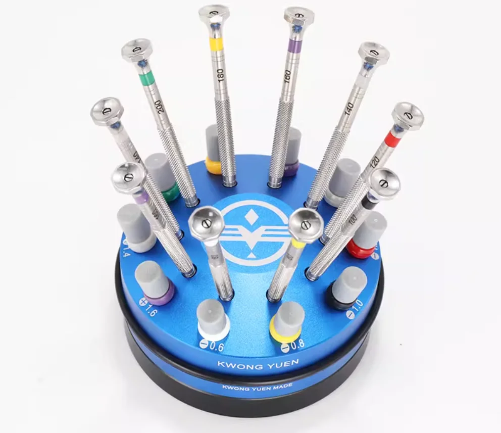 W3819 Octagonal Head Watch Repair Screwdrivers with Rotatable Blue Metal Stand 30pcs Extra Blades 0.6mm-2.0mm Size