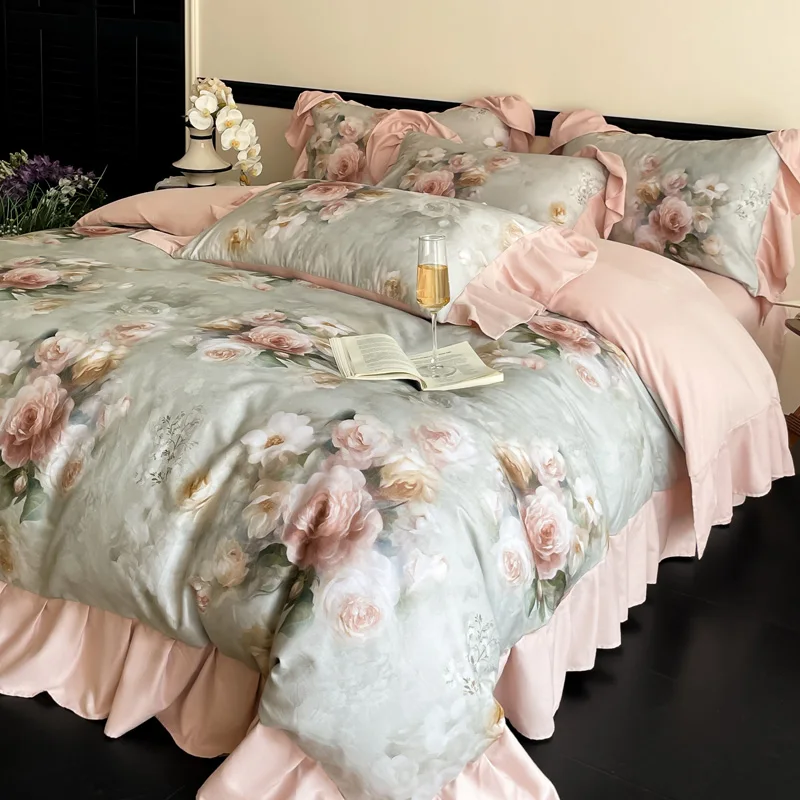 Vintage French Rose Flowers Prints Ruffles Bedding Set 100% Cotton Brushed Fabric Duvet Cover Set Bed Sheet Pillowcases 4Pcs