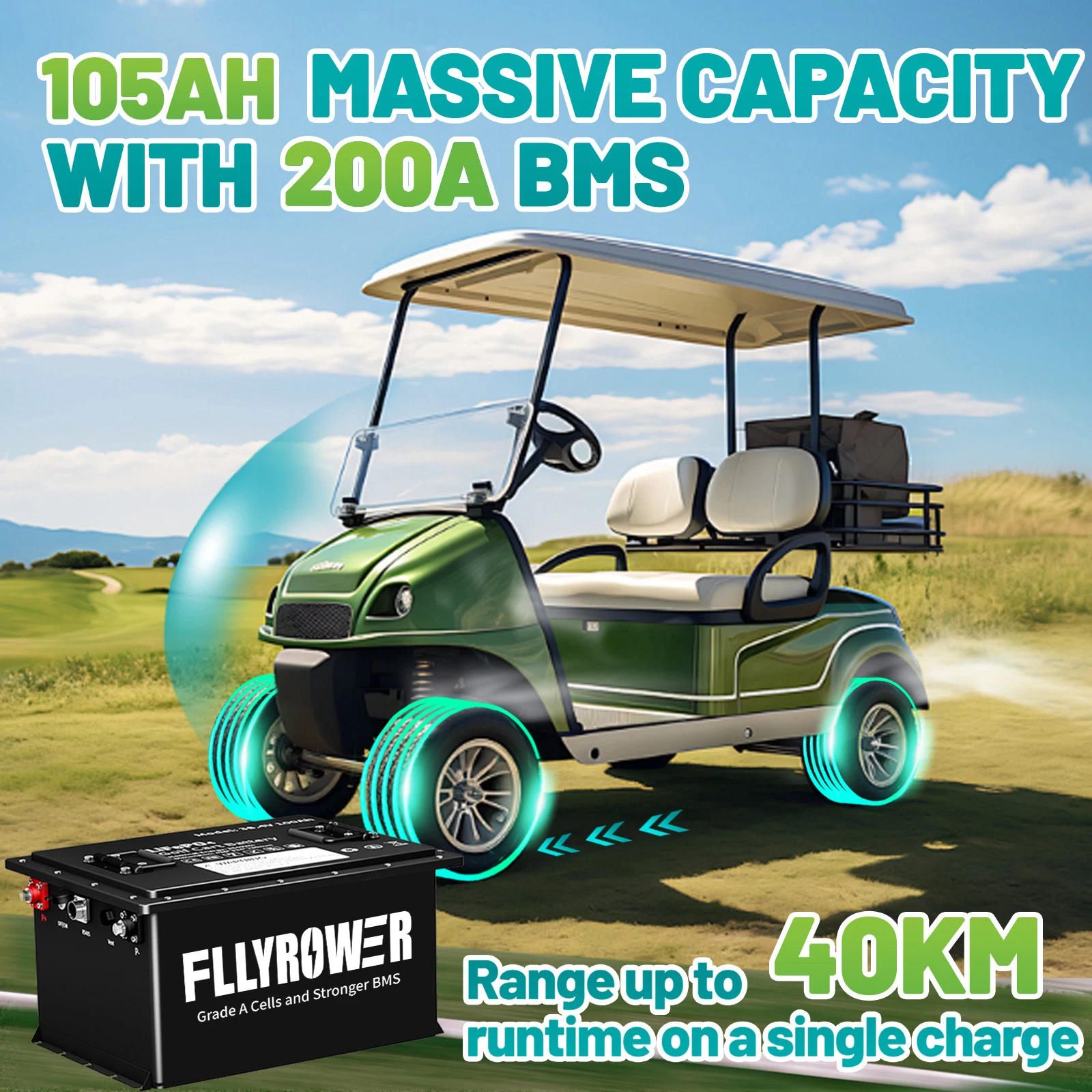 FLLYROWER 36 فولت 105ah جولف سيارة LiFePO4 بطارية ليثيوم مع شاحن 200A BMS بلوتوث 8000 + دورات لعربة جولف نادي السيارات EZGO